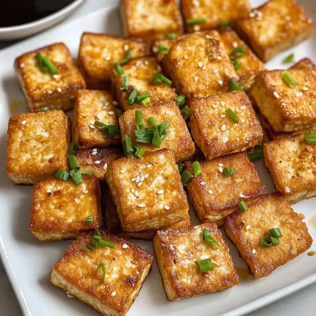 A platter of golden-brown, crispy tofu cubes garnished with green onions and sesame seeds, accompanied by a small bowl of sauce.