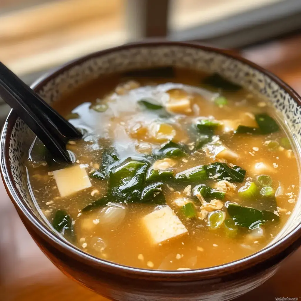 A close-up of a bowl of soup containing tofu, seaweed, and green onions, with chopsticks resting on the side.