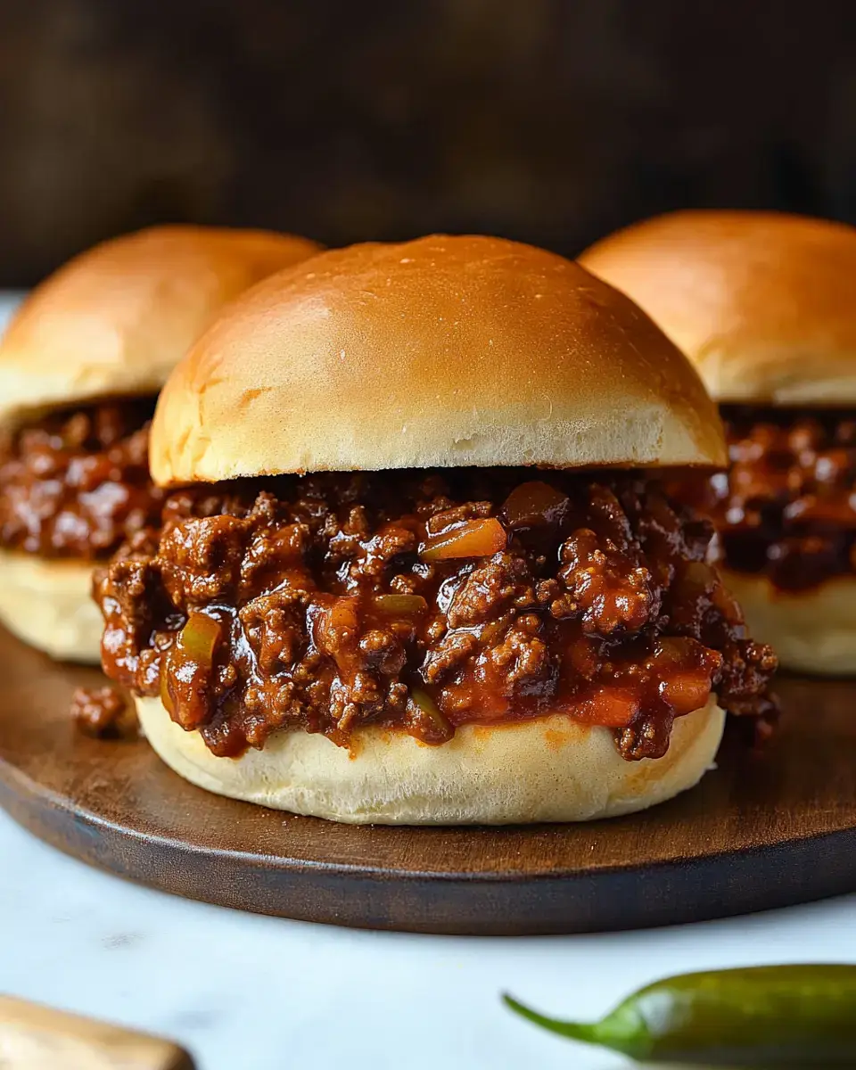 Three hamburger buns filled with a savory meat mixture sit on a wooden platter, with a green chili pepper nearby.