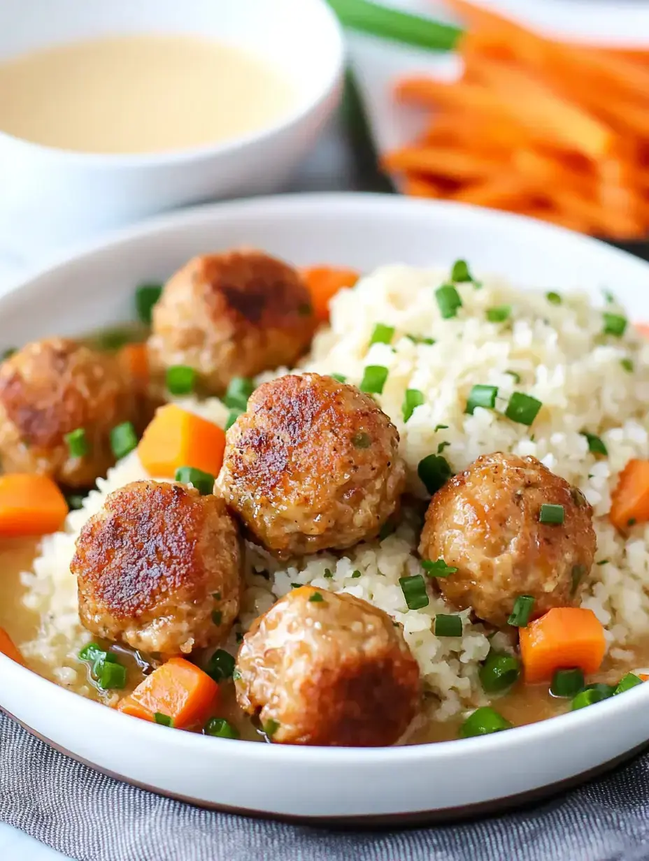 A bowl of meatballs served over rice with diced carrots and green onions, accompanied by a small bowl of dipping sauce.