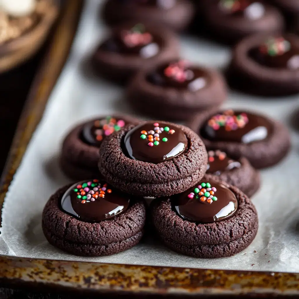 A plate of chocolate cookies topped with glossy chocolate and colorful sprinkles.