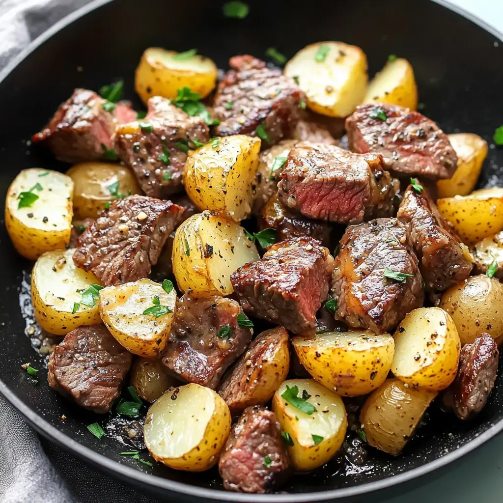 A skillet filled with tender pieces of seared steak and golden roasted potatoes garnished with parsley.