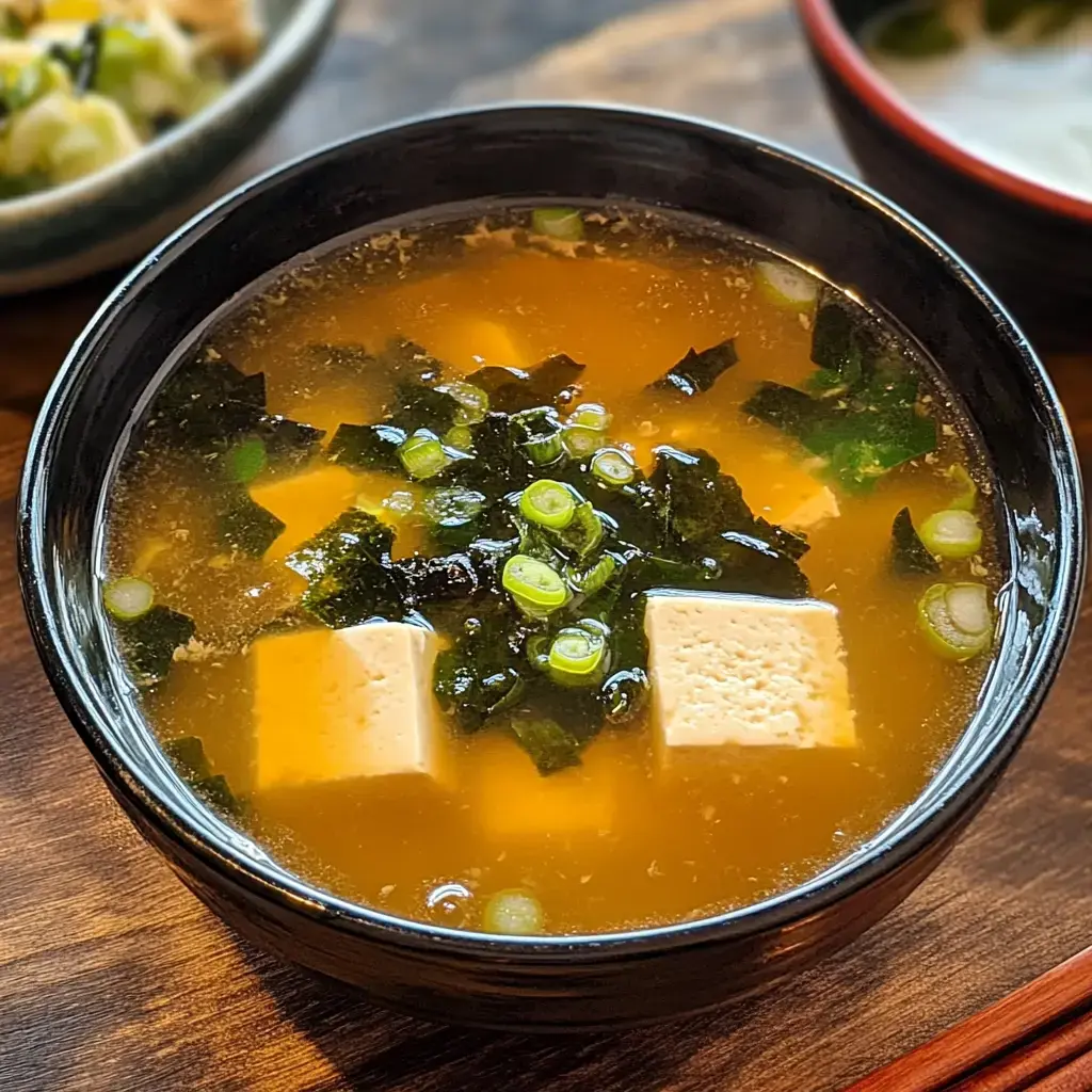 A black bowl filled with clear miso soup containing cubes of tofu, chopped green onions, and seaweed.