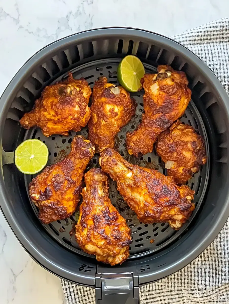 A close-up view of crispy, golden-brown air-fried chicken drumsticks arranged in a basket with lime wedges.