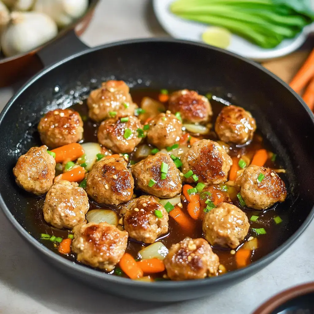 A skillet filled with flavorful meatballs simmering in sauce, surrounded by chopped carrots and garnished with green onions.