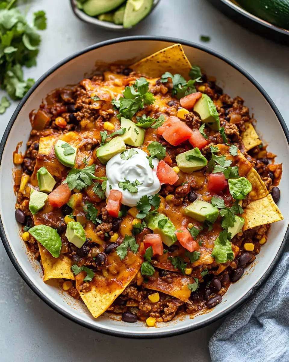 A bowl of nachos topped with ground meat, black beans, corn, cheese, diced tomatoes, avocado, cilantro, and sour cream.