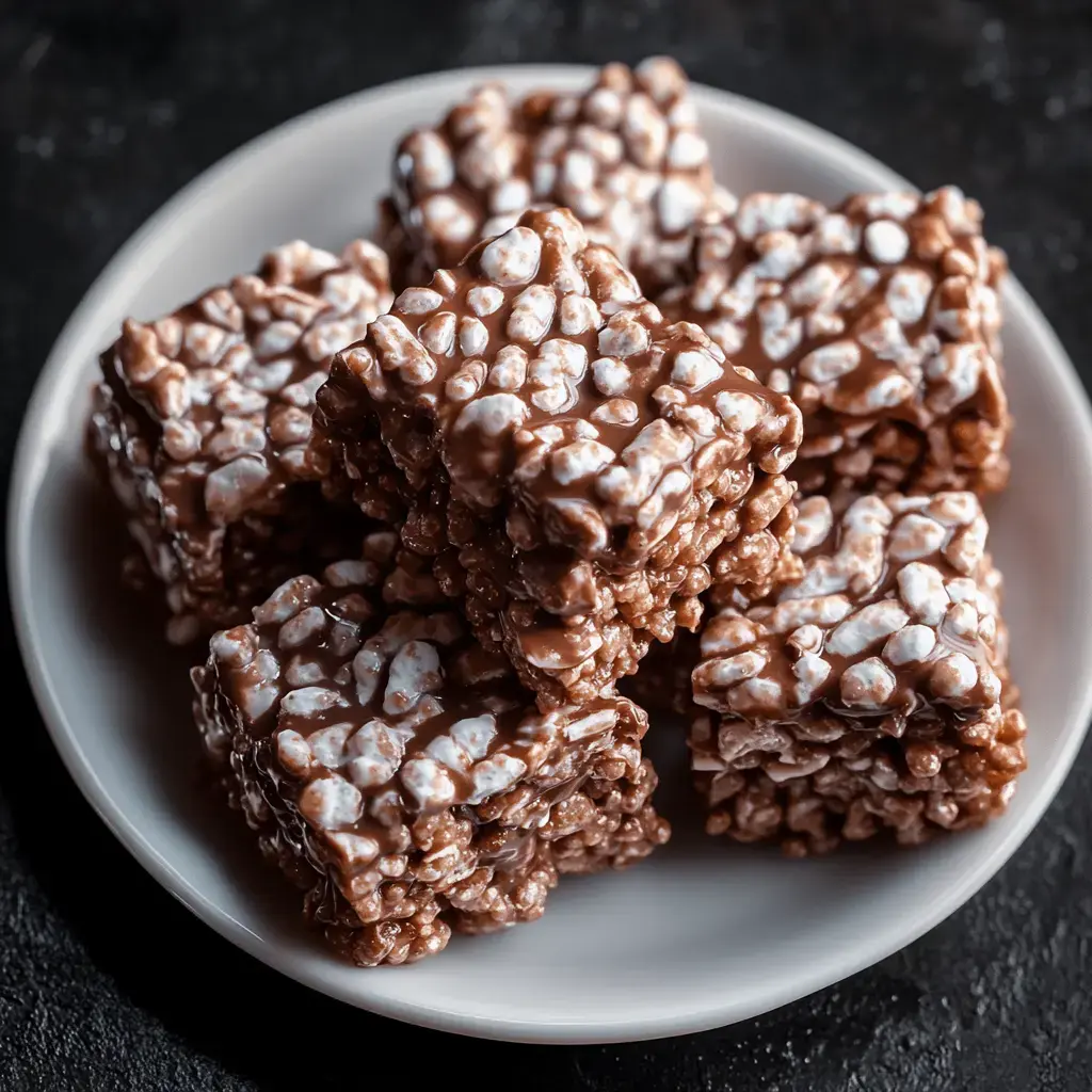 A plate of chocolate-coated rice crispy treats stacked neatly.