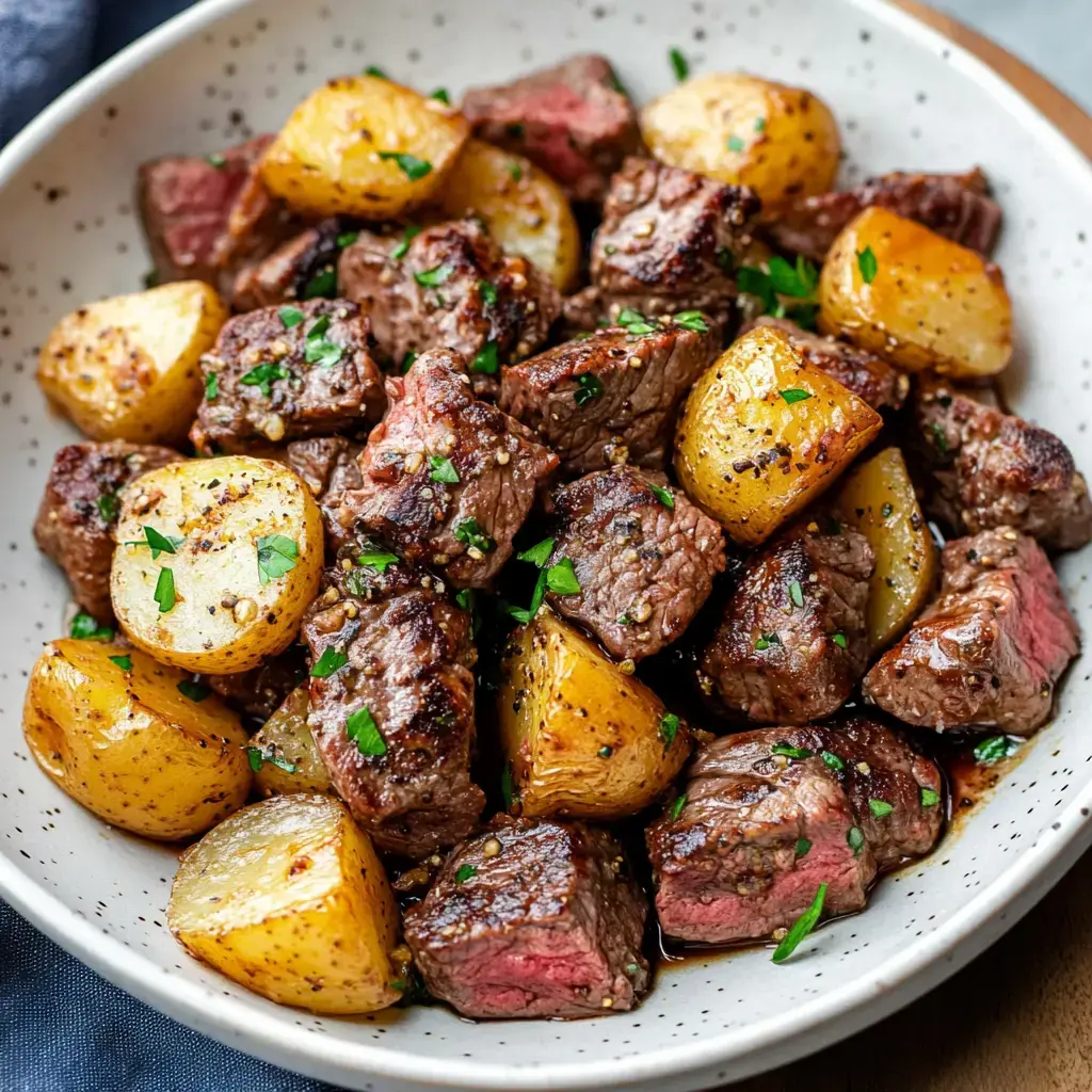 A bowl filled with tender, diced beef and roasted baby potatoes, garnished with chopped parsley.