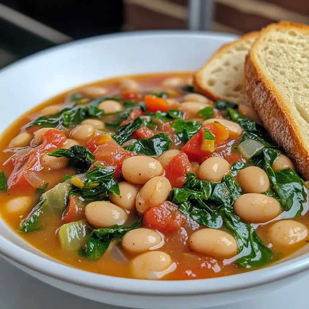 A bowl of bean soup filled with white beans, tomatoes, spinach, and garnished with slices of bread.