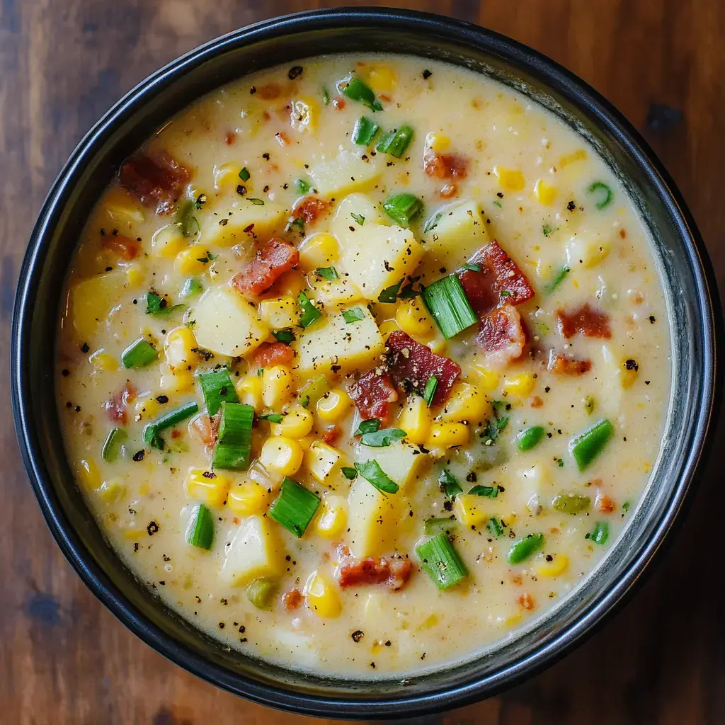 A bowl of creamy corn and potato chowder topped with bacon bits and green onions.