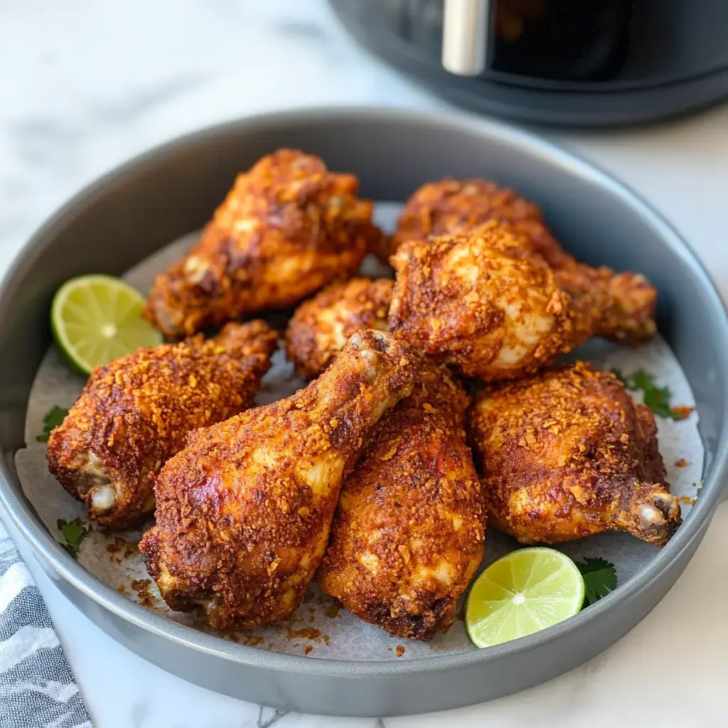 A gray dish holds several crispy golden-brown chicken drumsticks, garnished with lime wedges and fresh herbs.