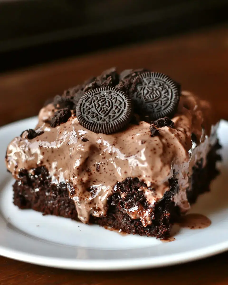 A slice of chocolate cake topped with creamy chocolate frosting and decorated with Oreos.