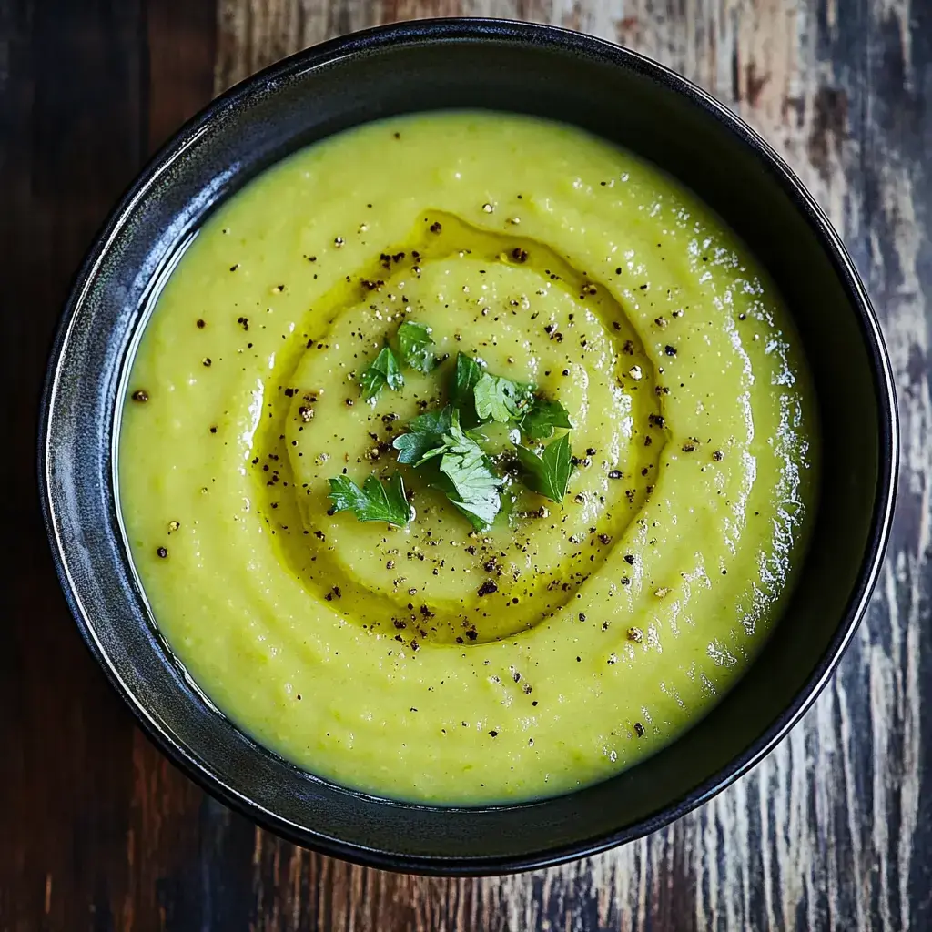 A close-up of a bowl of creamy green soup drizzled with olive oil and garnished with fresh herbs and black pepper.