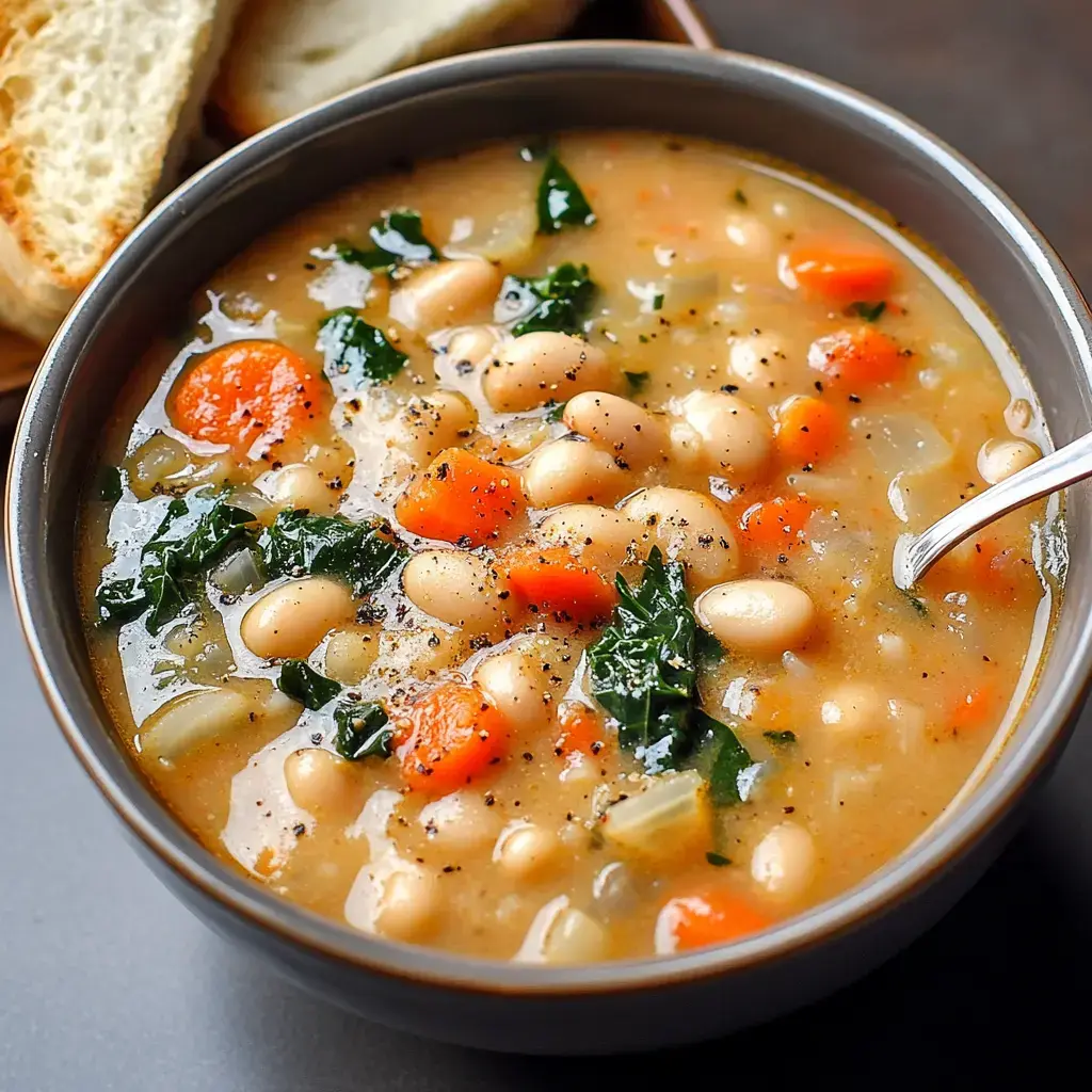 A bowl of hearty white bean soup with carrots and kale, accompanied by slices of bread.