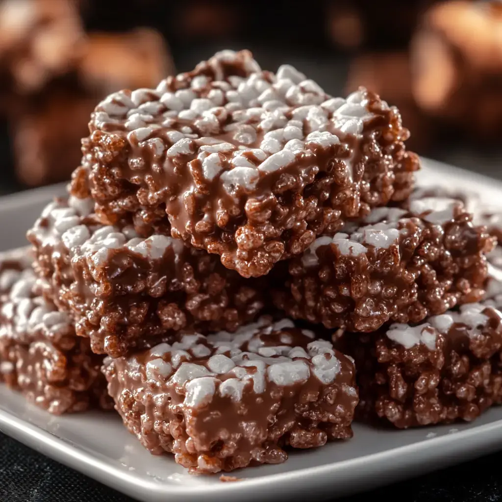 A stack of chocolate-coated rice crispy treats on a white plate.