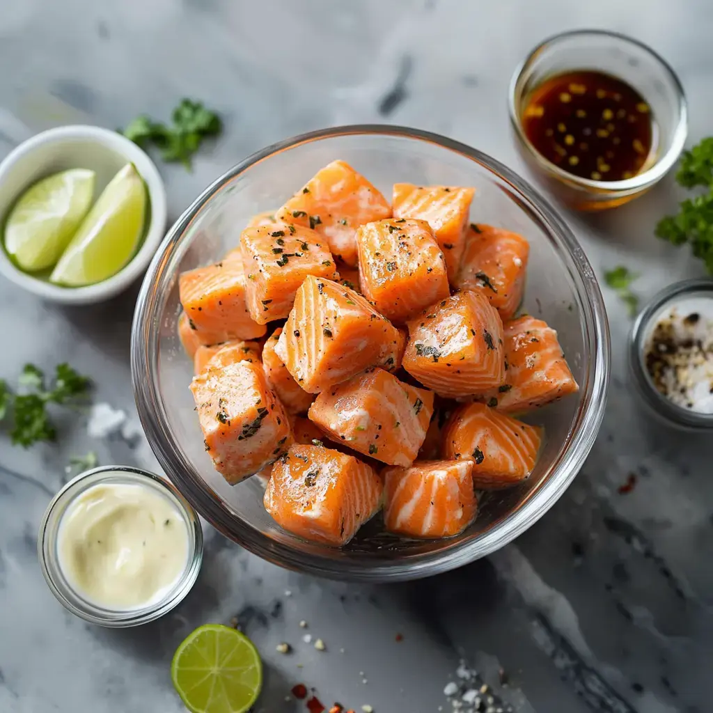 Fresh salmon cubes seasoned and garnished, served in a glass bowl alongside lime wedges and various condiments.