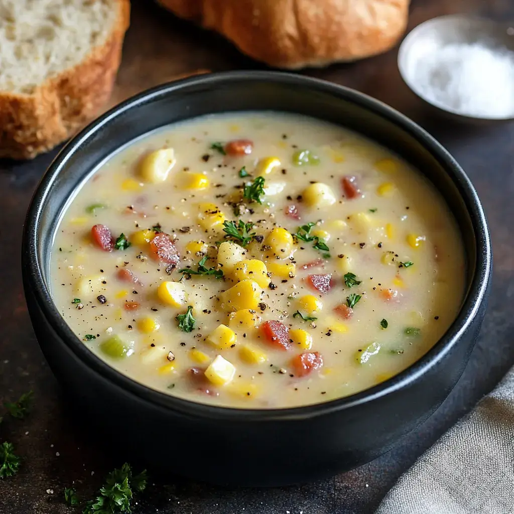 A bowl of creamy corn soup garnished with parsley, with slices of bread and salt in the background.