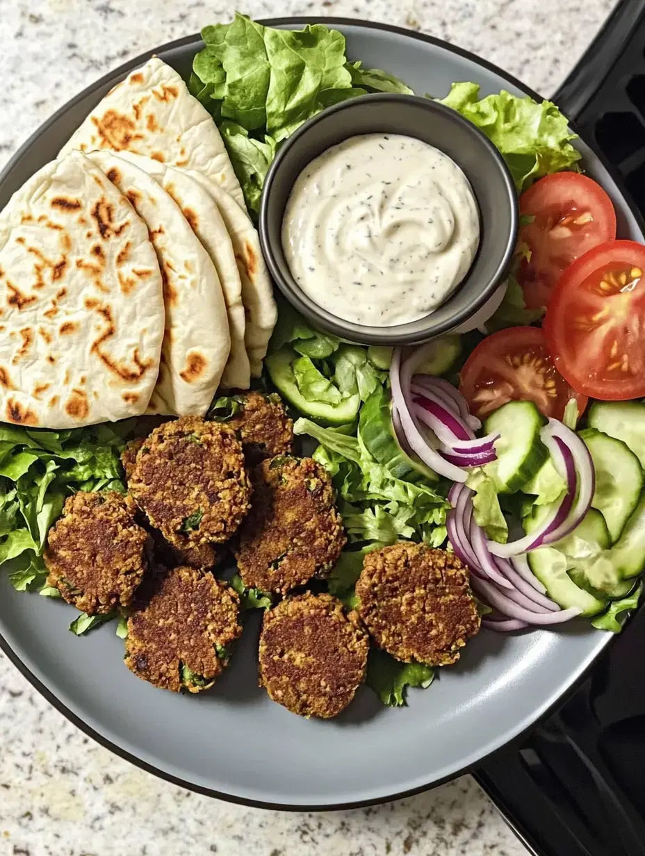 A platter featuring falafel patties, fresh lettuce, sliced tomatoes, cucumbers, red onions, and a small bowl of sauce, accompanied by flatbreads.