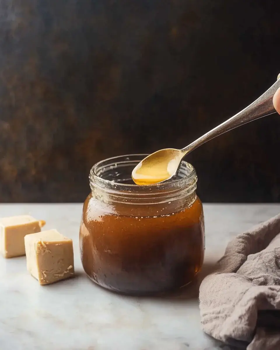 A jar of golden syrup with a spoon resting on the rim, accompanied by two cubes of beige substance on a marble surface.