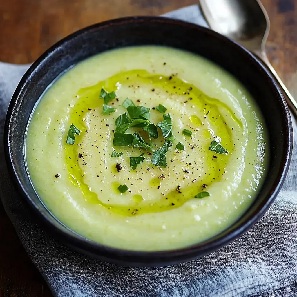 A bowl of creamy soup topped with a swirl of olive oil, black pepper, and fresh herbs.