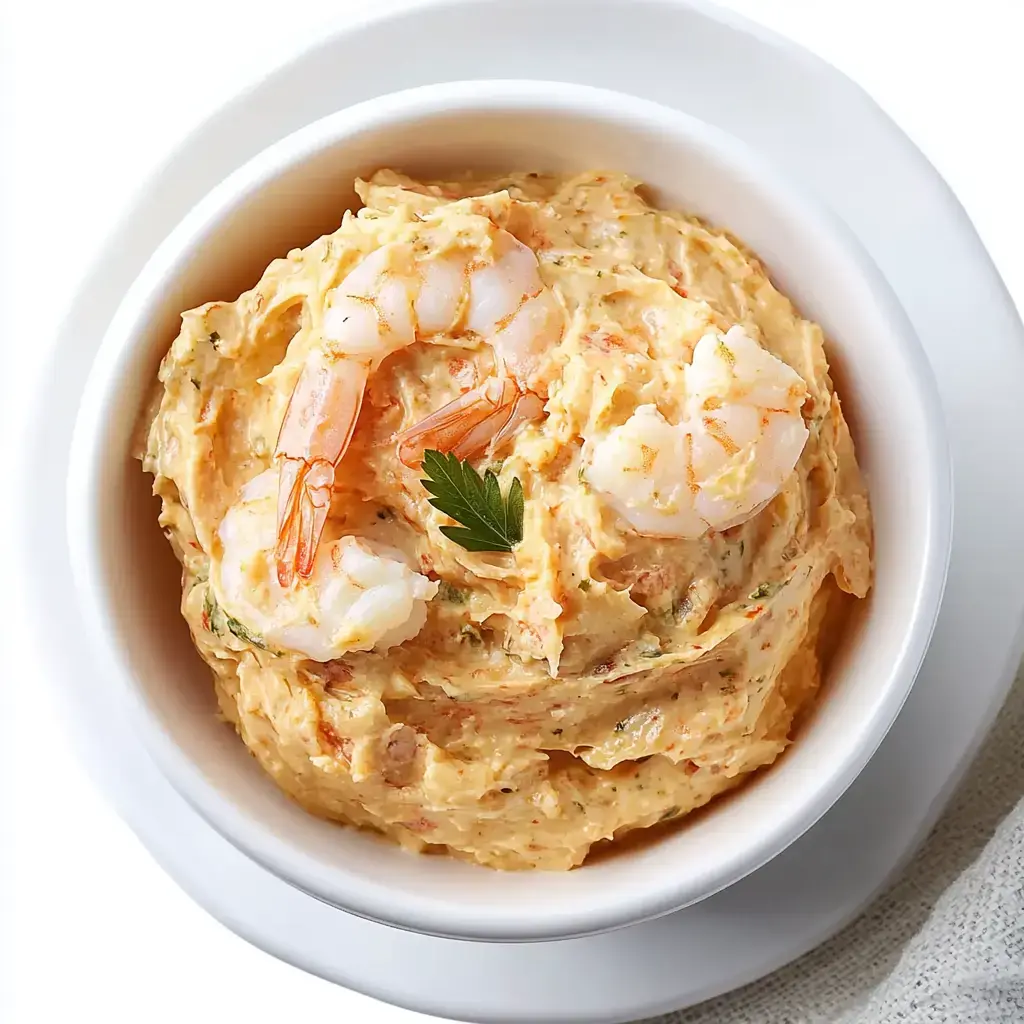 A bowl of creamy shrimp dip garnished with shrimp and a sprig of parsley.