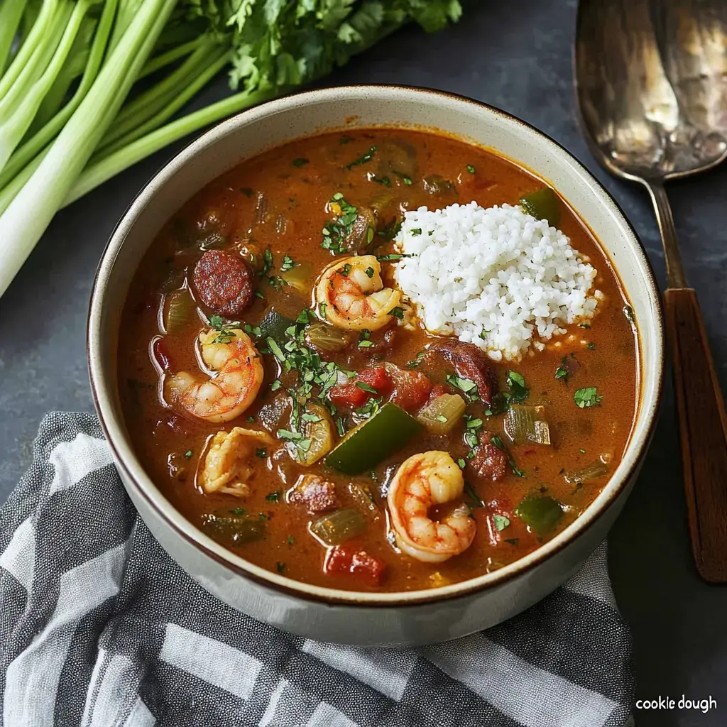 A bowl of shrimp gumbo topped with white rice and garnished with fresh herbs, accompanied by celery and a wooden spoon.