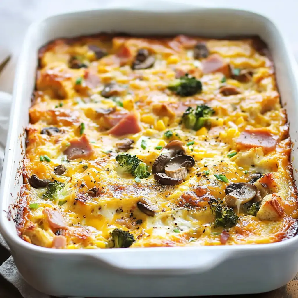 A baked casserole with eggs, cheese, ham, broccoli, and mushrooms in a white dish.