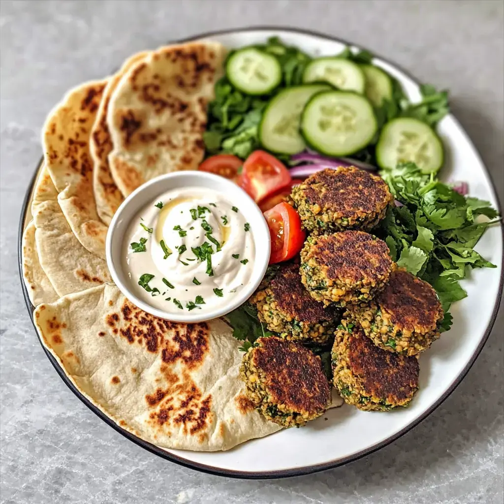 A plate of food featuring falafel patties, fresh vegetables, flatbreads, and a bowl of creamy sauce.