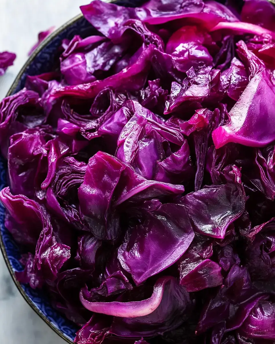 A close-up image of fresh purple cabbage leaves arranged in a decorative bowl.