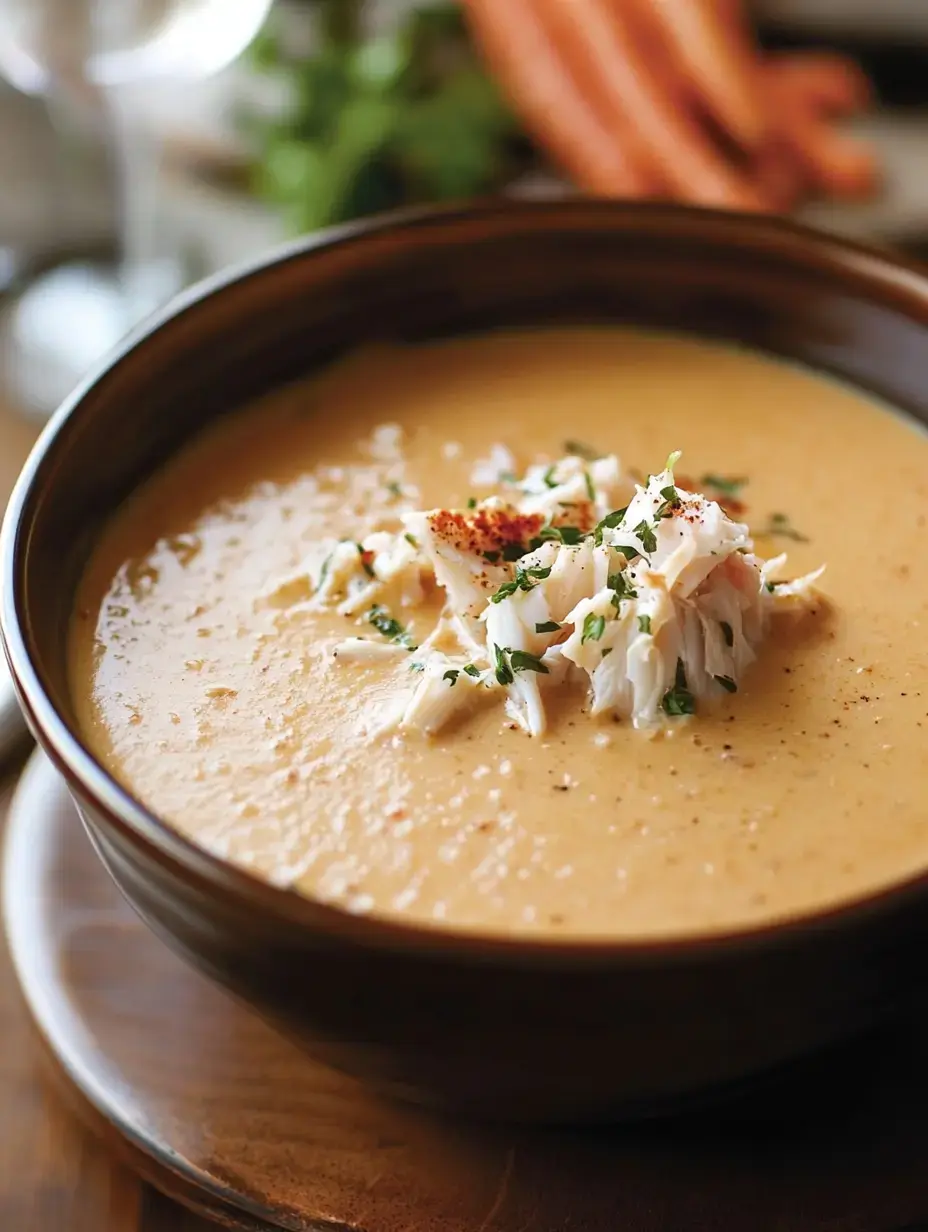 A bowl of creamy soup topped with shredded crab meat and sprinkled with herbs, served on a wooden surface.