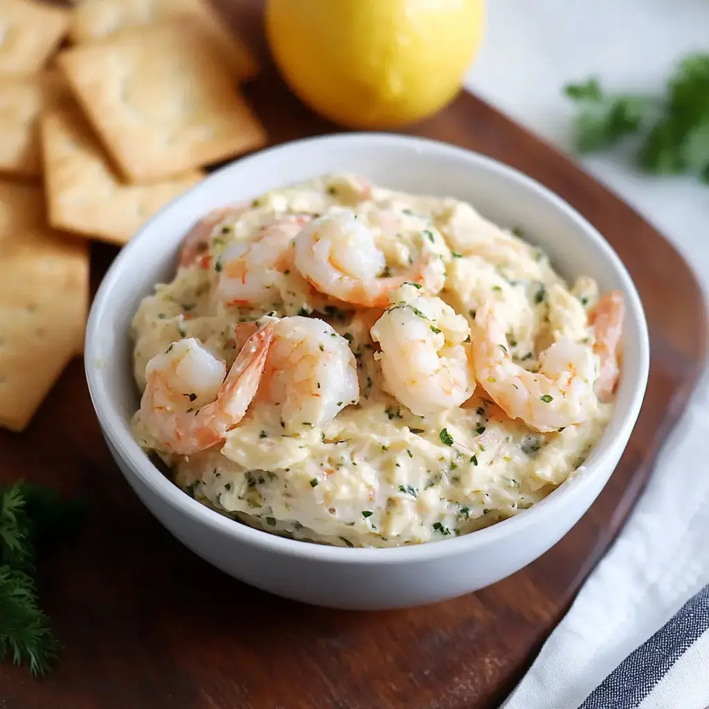 A bowl of creamy shrimp dip topped with shrimp, accompanied by crackers and a lemon in the background.