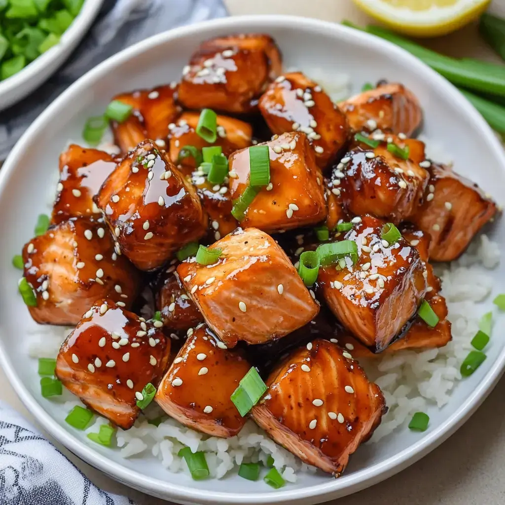 A plate of marinated and glazed salmon cubes topped with green onions and sesame seeds, served over a bed of white rice.