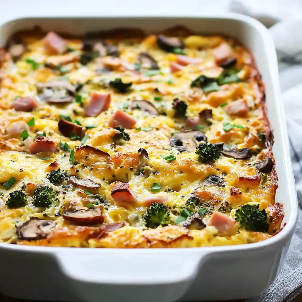 A baked casserole dish filled with a colorful mixture of eggs, ham, mushrooms, and broccoli, topped with chopped green onions.