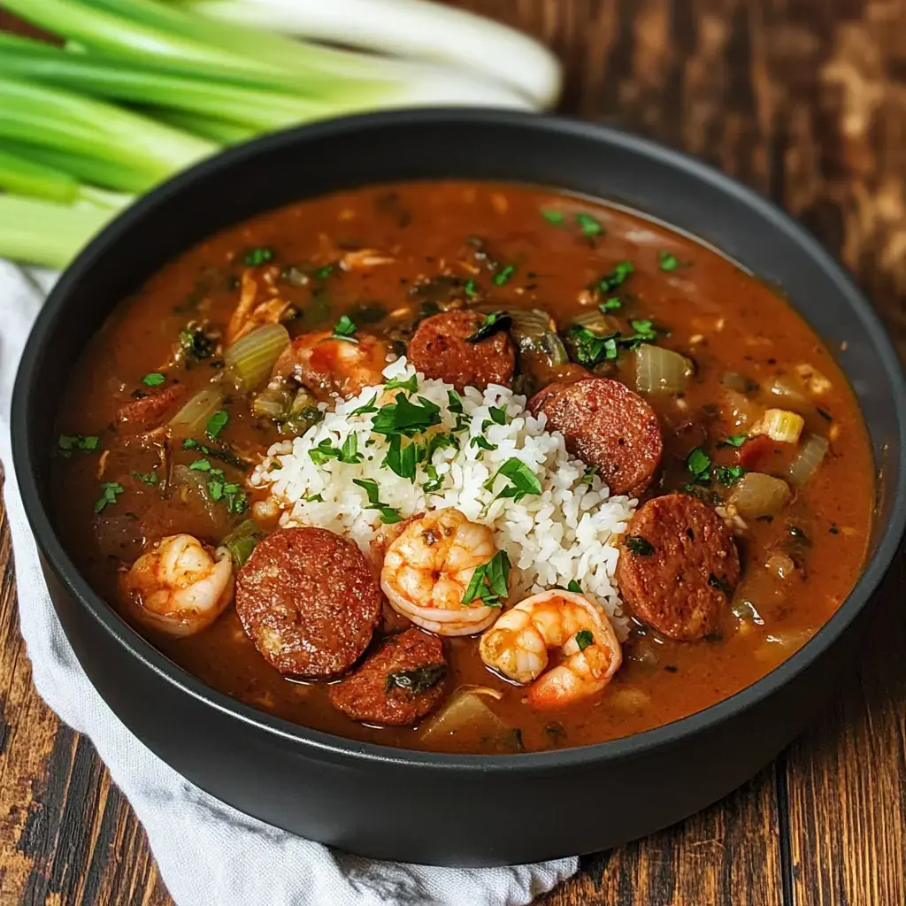 A black bowl filled with shrimp, sausage, and vegetables in a rich broth, topped with white rice and garnished with parsley.