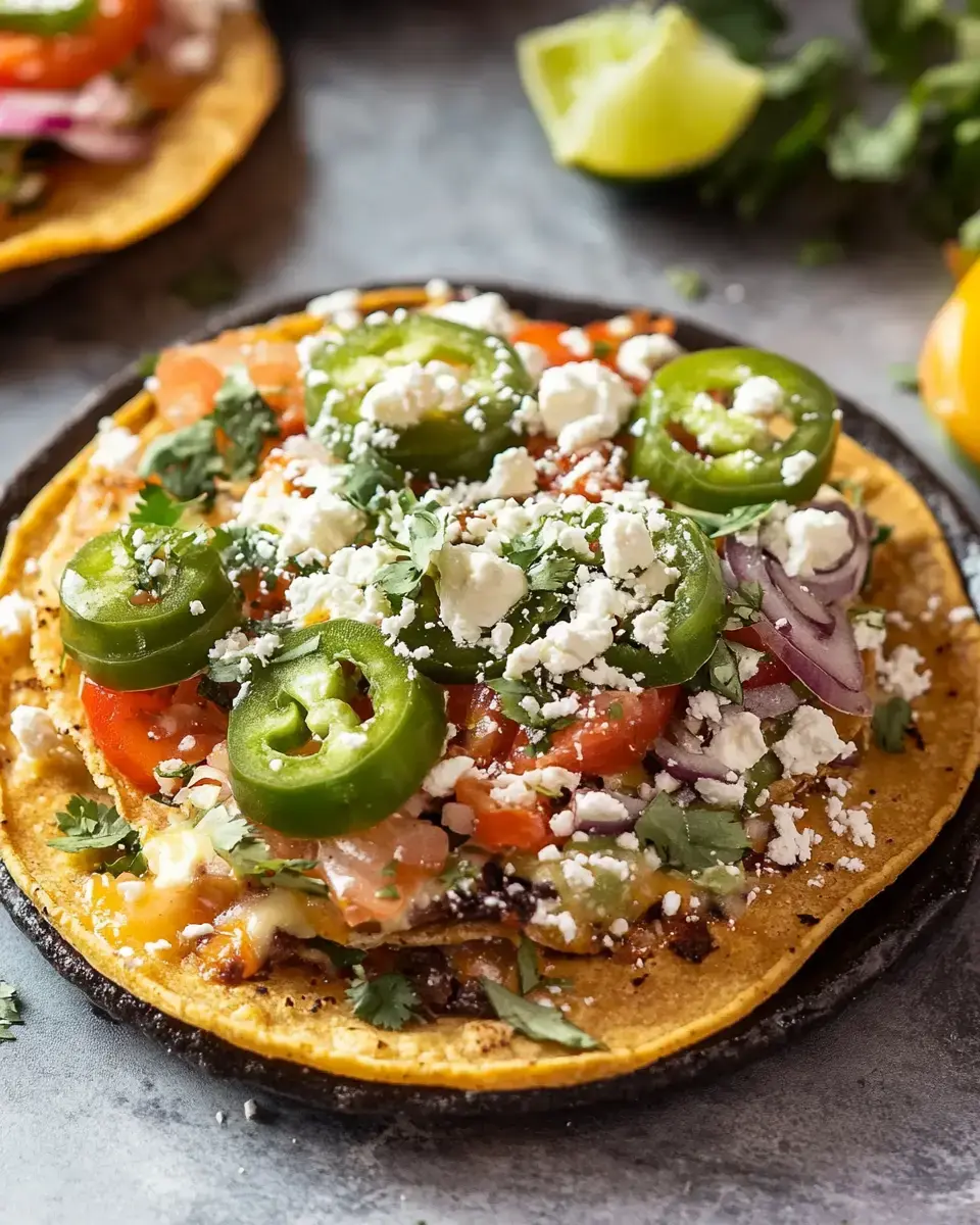 A close-up of a colorful taco topped with tomatoes, jalapeños, onions, cilantro, and crumbled cheese on a grilled tortilla.