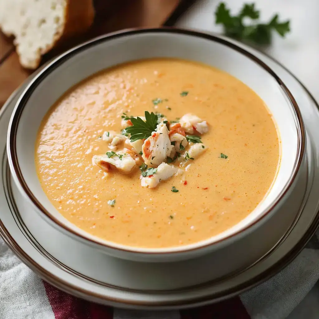 A creamy soup topped with chunks of crab and garnished with parsley, served in a white bowl alongside a slice of bread.