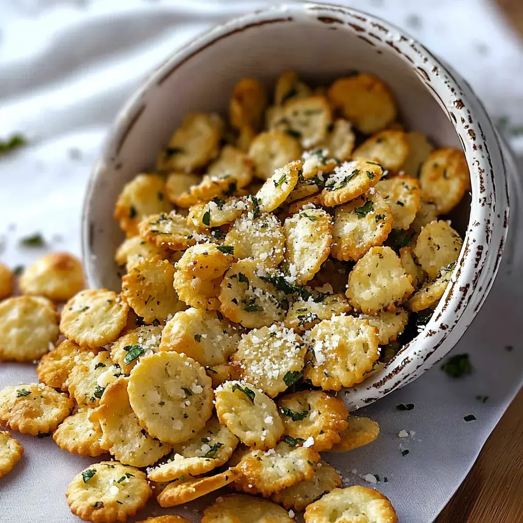 A bowl overflowing with crispy, golden-brown crackers, garnished with herbs and sprinkled with cheese.