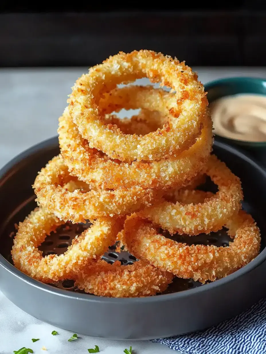 A stack of golden, crispy onion rings is displayed in a black bowl beside a small dish of creamy dipping sauce.