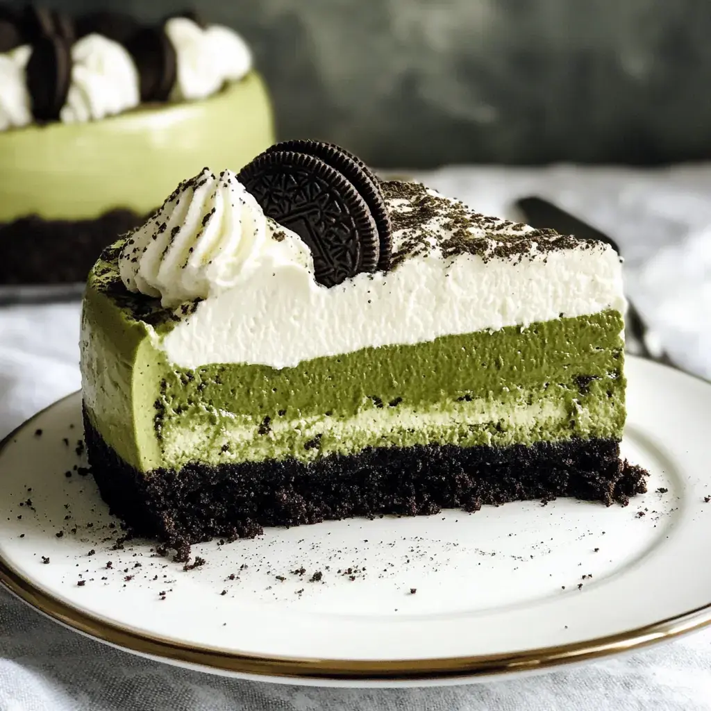 A slice of green tea mousse cake with layers of green mousse, whipped cream, and an Oreo crust, garnished with an Oreo cookie and chocolate crumbs.