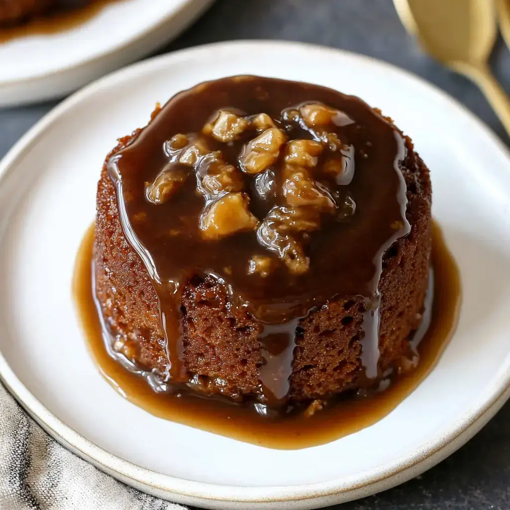 A moist, round cake topped with warm toffee sauce and chopped nuts, served on a white plate.