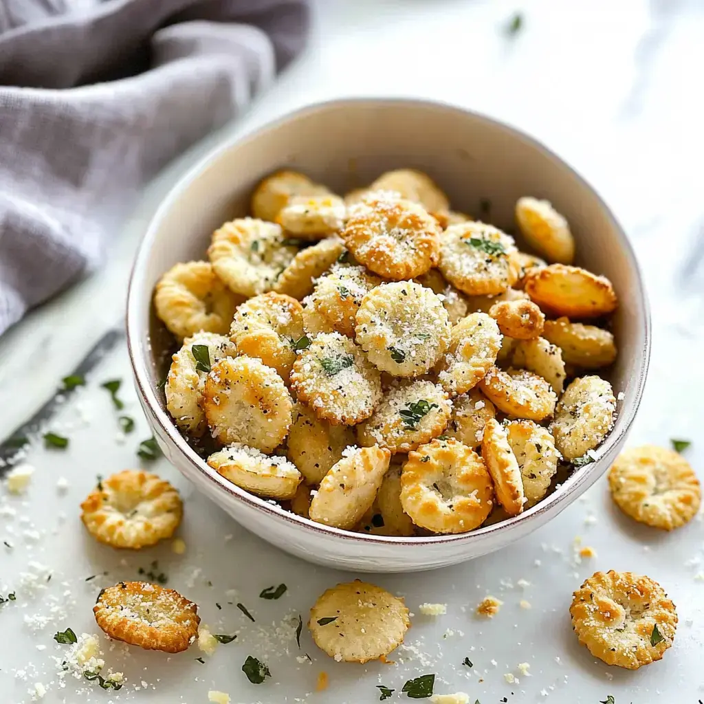 A bowl filled with crispy, golden-brown crackers topped with grated cheese and herbs, surrounded by scattered crackers on a marble surface.