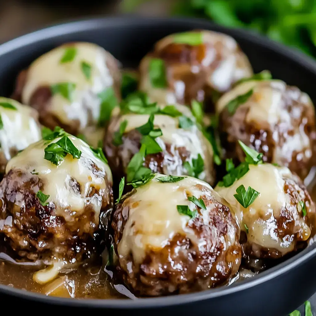 A close-up of meatballs topped with melted cheese and garnished with chopped parsley in a dark bowl.