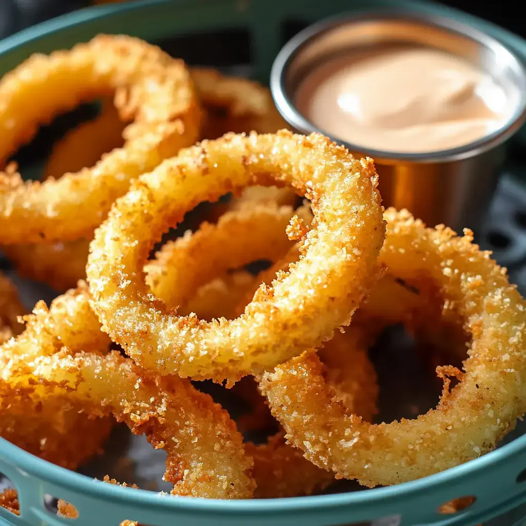 A close-up of crispy fried onion rings served in a basket alongside a small cup of dipping sauce.