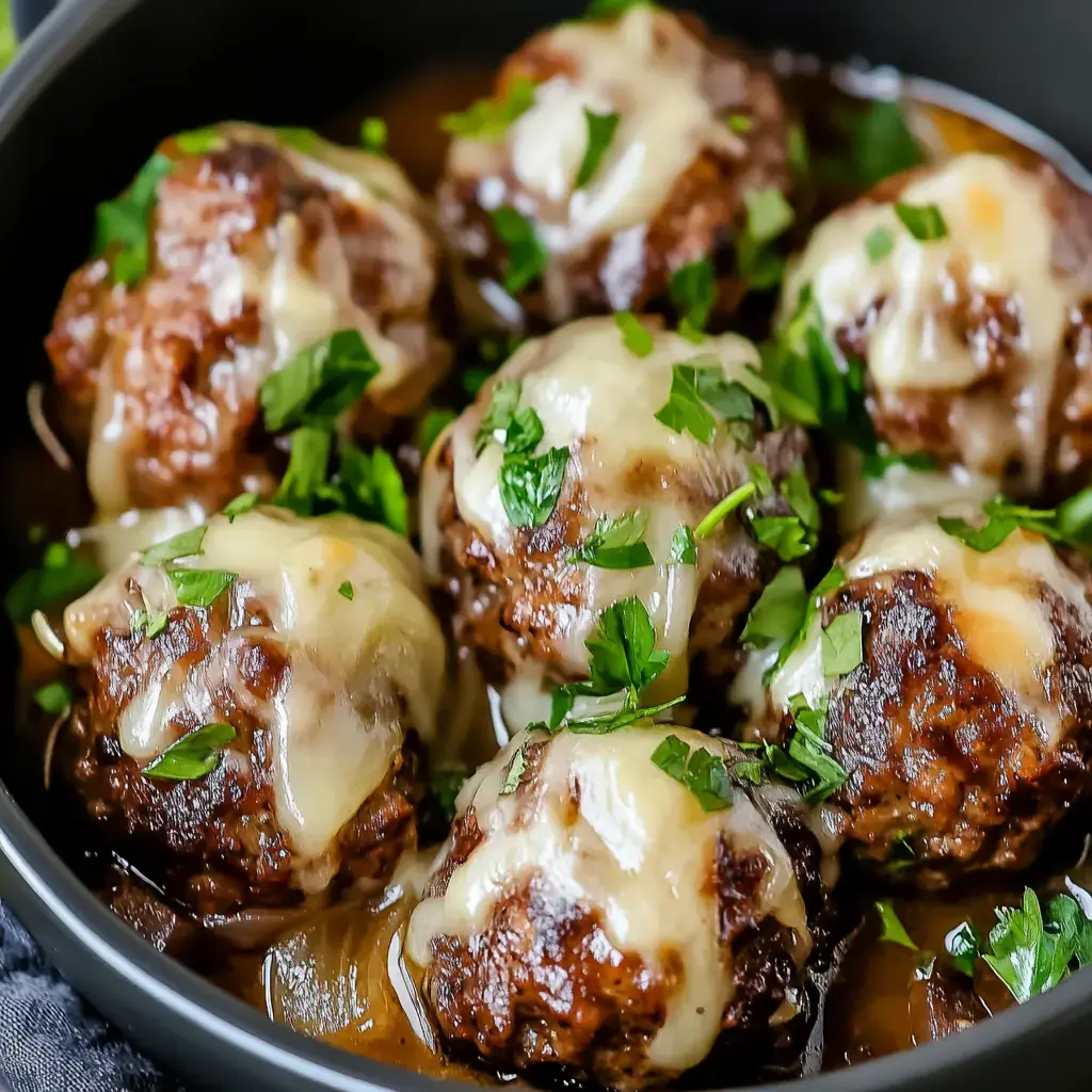 A close-up of meatballs topped with melted cheese and garnished with chopped parsley, served in a dark bowl.