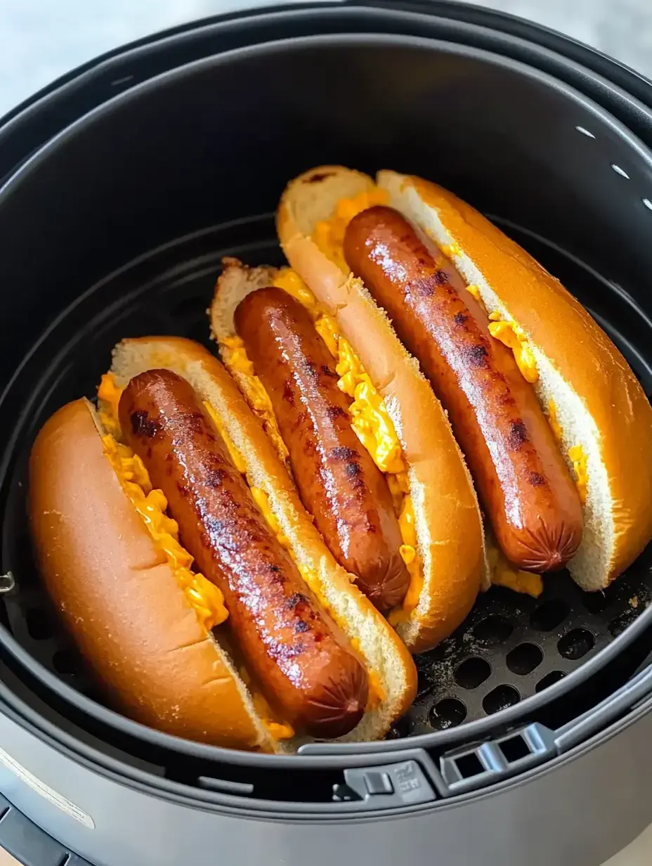 Three grilled hot dogs in buns with melted cheese are placed inside an air fryer.