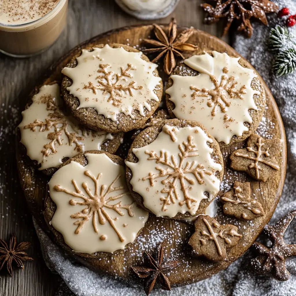 A wooden platter displays beautifully decorated snowflake-shaped cookies with icing and spices, accompanied by a glass of creamy beverage and scattered star anise.