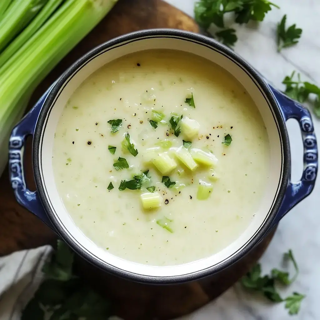 A bowl of creamy soup topped with diced celery and fresh parsley, surrounded by celery stalks and leafy herbs.