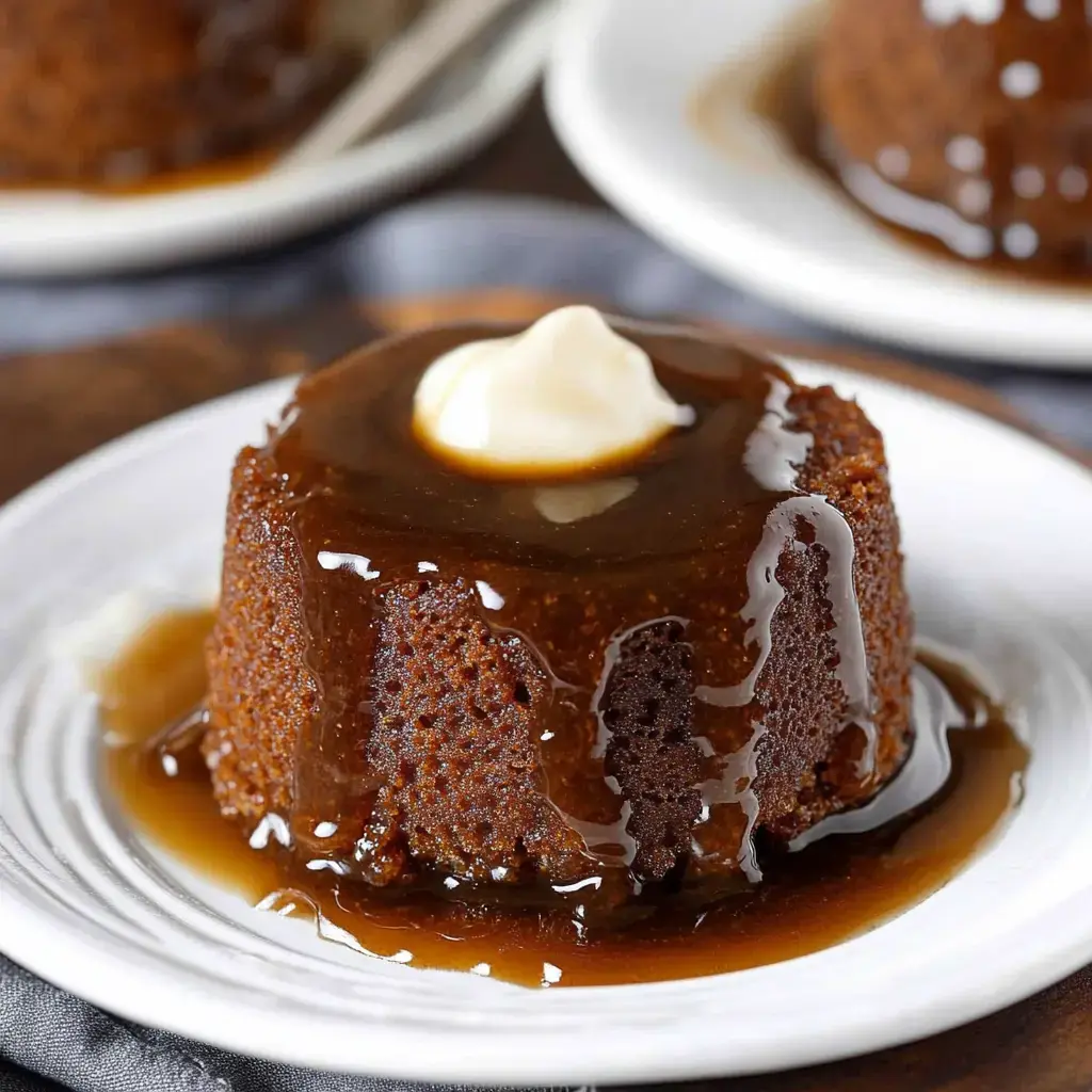 A moist chocolate cake topped with creamy sauce and a dollop of whipped cream on a white plate.