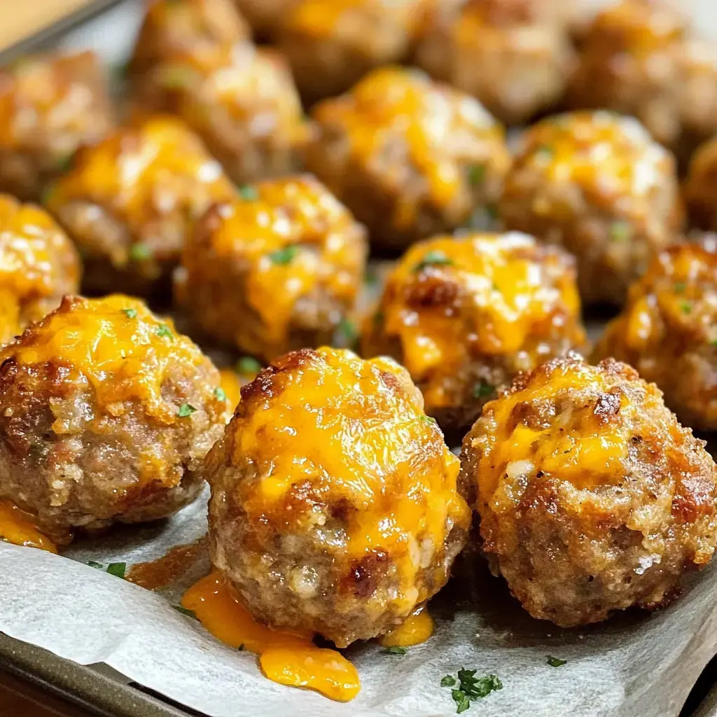 A close-up image of golden-brown meatballs topped with melted cheddar cheese, arranged on parchment paper.