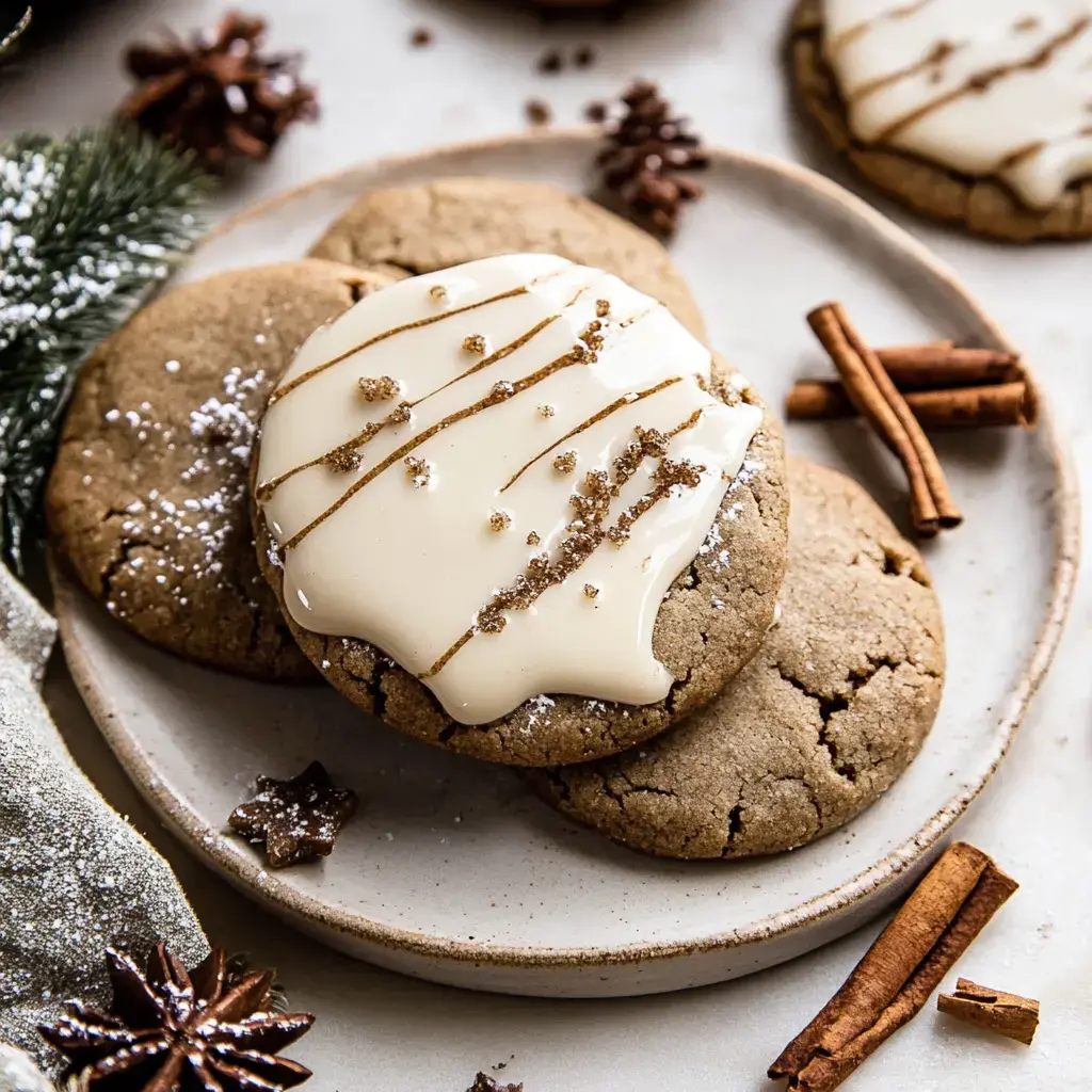 A plate of festive cookies topped with creamy frosting and decorative sprinkles, surrounded by cinnamon sticks and pinecones.